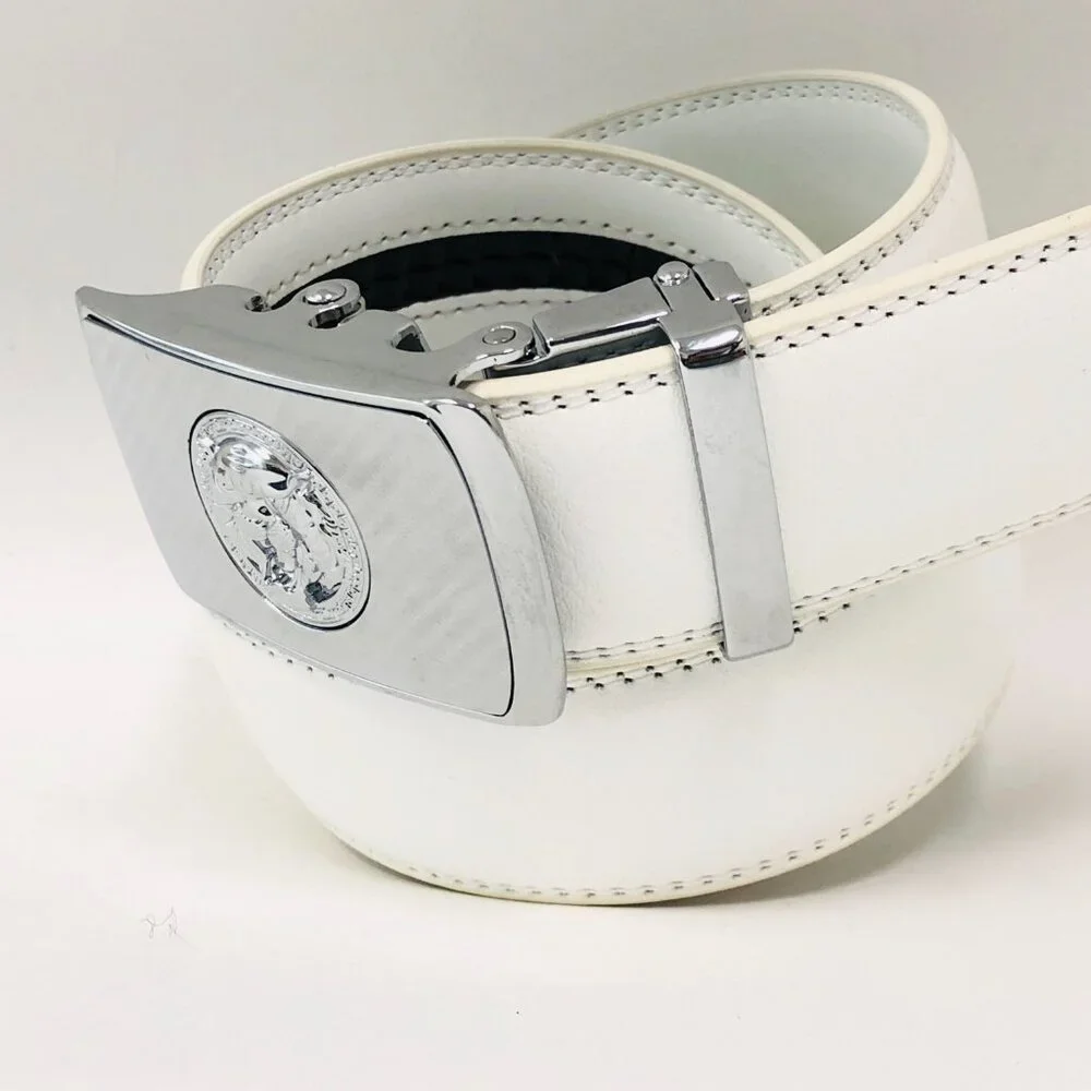 White Leather Ratchet Belt Automatic Lion‎ Buckle Adjustable Dress Belt for Men